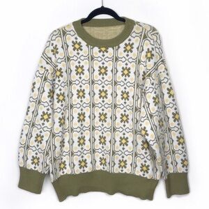 Green Ivory Geometric Print Vintage Style Sweater